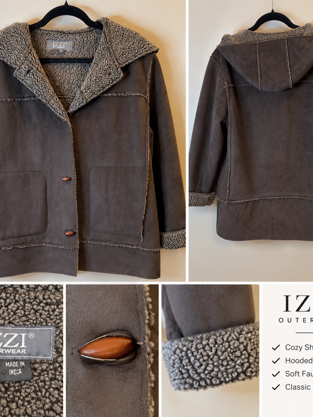 IZZI Gray Hooded Shearling Pea Coat for Men